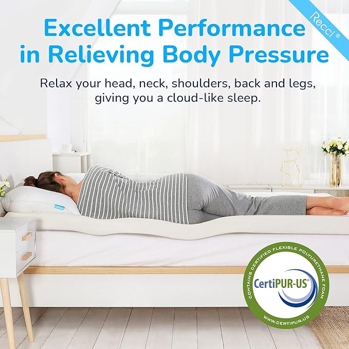 RECCI 2 Inch Twin Size Mattress Topper, 100% CertiPUR-US Certified Memory Foam, Pressure Relieving, Removable & Washable Cover, Ideal for Bedroom, Guestroom, College Dorms