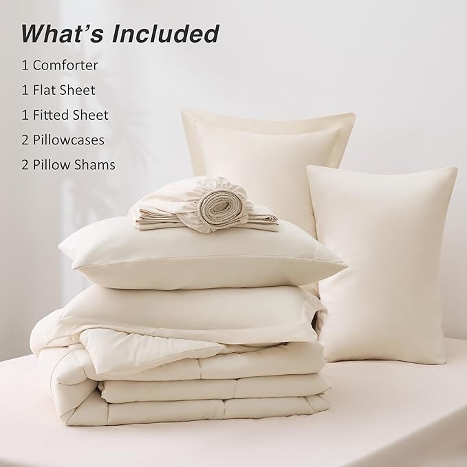 Love's cabin California King Comforter Set Beige, 7 Pieces California King Bed in a Bag, All Season Bedding Sets with 1 Comforter, 1 Flat Sheet, 1 Fitted Sheet, 2 Pillowcase and 2 Pillow Sham