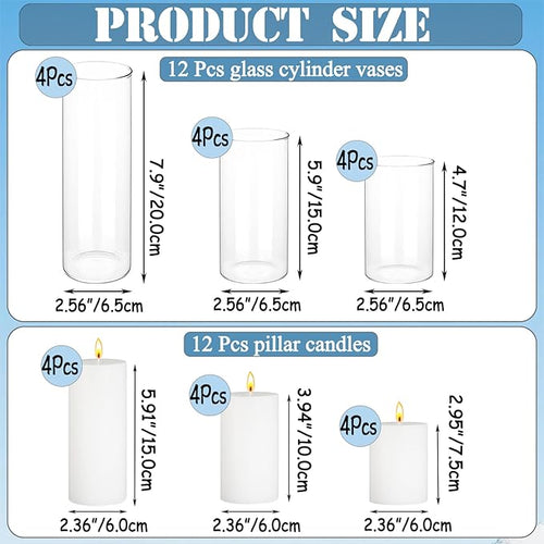 24 Pcs White Pillar Candles with Glass Candle Holder Hurricane Glass Candle Holders Clear Cylinder Vases for Centerpieces Wedding Office Party Home Table Decor