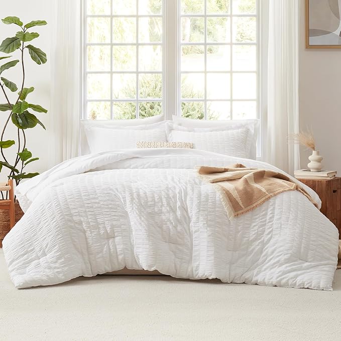 CozyLux Queen Comforter Set White Seersucker 7 Pieces Bed in a Bag Queen Comforter Set with Sheets, Luxury Soft Bedding Set with Down Alternative Comforter, Sheets, Pillowcases & Shams for All Seasons