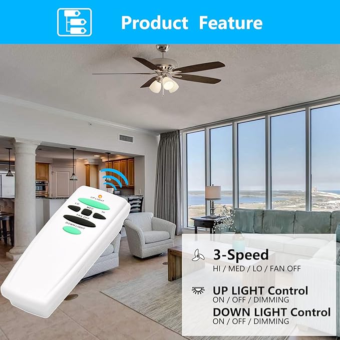 Replacement Remote for Hampton Bay Ceiling Fan Remote Control,with Up Down Light Control Dimmer 3-Speed, for UC7078T CHQ7078T UC7083T CHQ7083T L3H2010FANHD Fan-HD6UDL(Remote Only)