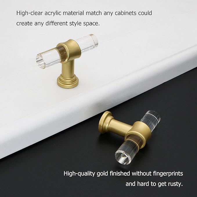 LONTAN 100 Pack Acrylic Kitchen Cabinet Knobs Gold Drawer Knobs Modern T Bar Clear Cabinet Door Handles White Kitchen Hardware for Dresser Bathroom,Zinc Alloy Base