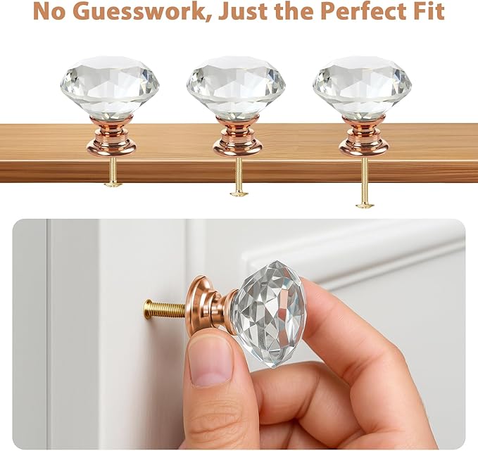 DEELF 12 Packs Kitchen Cabinet Knobs, 30 mm Crystal Cabinet Knobs, Diamond Dresser Handle Drawer Pulls, Dresser Knobs for Cabinets and Drawers, Rose Gold Base