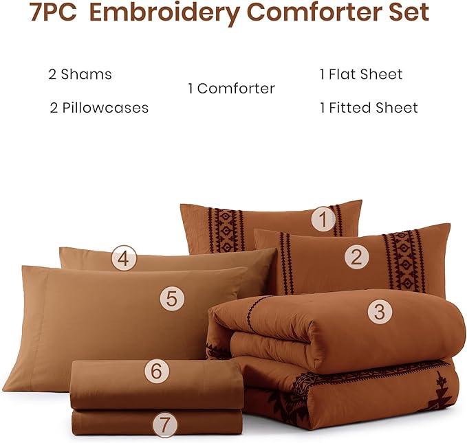 MaiRêve Burnt Orange Embroidery Comforter Set King Size - 7 Pieces, Farmhouse Western Bedding Sets All Season, Boho Bed in A Bag King with Sheets, Comforters, Pillowcases & Shams