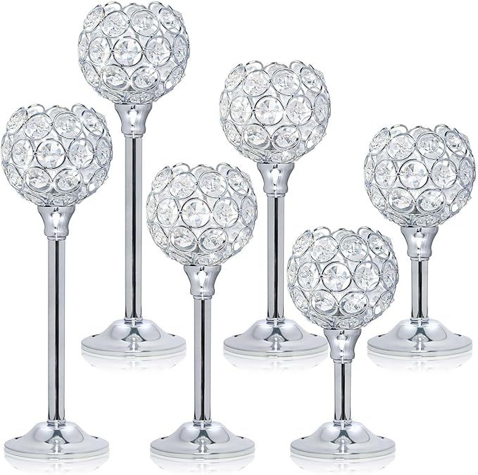 Crystal Metal Tealight Candlestick, Bling Bowl Candelabras, Tall Crystal Votive Candle Holders Elegant Crystal Candle Centerpiece for Dining Table Wedding Decor (Set of 6, Silver)