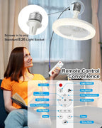 Socket Fan Light with Remote Control, 3 Colors 3000K-6500K Dimmable LED Light Bulb Fan Screw in Ceiling Fan for Bedroom, Kitchen, Storage Room, Closet, Wireless Small Ceiling Fans with Lights - White