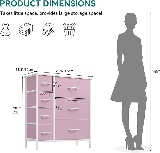 YITAHOME Dresser, 7 Drawers Fabric Dresser, Organizer Unit for Living Room, Hallway, Closets - Sturdy Steel Frame, Wooden Top & Easy Pull Fabric Bins, Pink