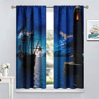 Pirate Ship Curtains, Nautical Sailboat Sailing Ocean Adventure Full Moon Cloudy Night Sky Old Lighthouse Print Blackout Window Treatments for Bedroom Living Room 63x72in