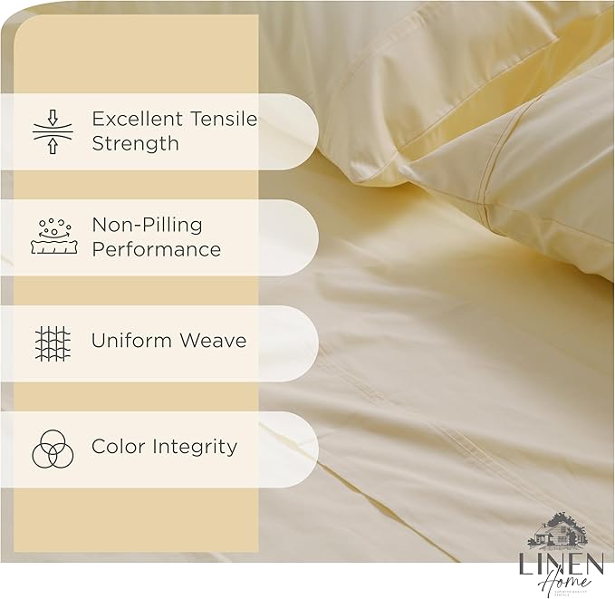 Linen Home 100% Cotton Percale Sheets Full Size, Ivory, Deep Pocket, 4 Pieces Set - 1 Flat, 1 Deep Pocket Fitted Sheet and 2 Pillowcases, Crisp Cool and Strong Bed Linen