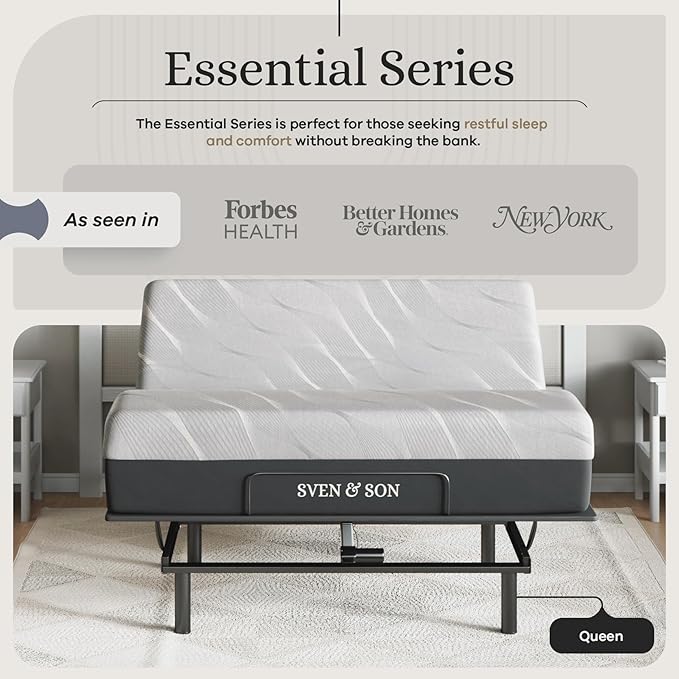 Sven and Son Essential Adjustable Bed Base (Frame) + 14 inch Hybrid Spring Matt (Medium Soft), Easy Assembly, Head and Foot Lift, Memory Positions, Zero Gravity, Wireless Remote - Queen