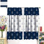 Anchor Pattern Curtains, Nautical Theme Navy Blue White Anchor Sea Life Adventure Print Blackout Window Treatments for Living Room Boys Men's Bedroom 84x84in