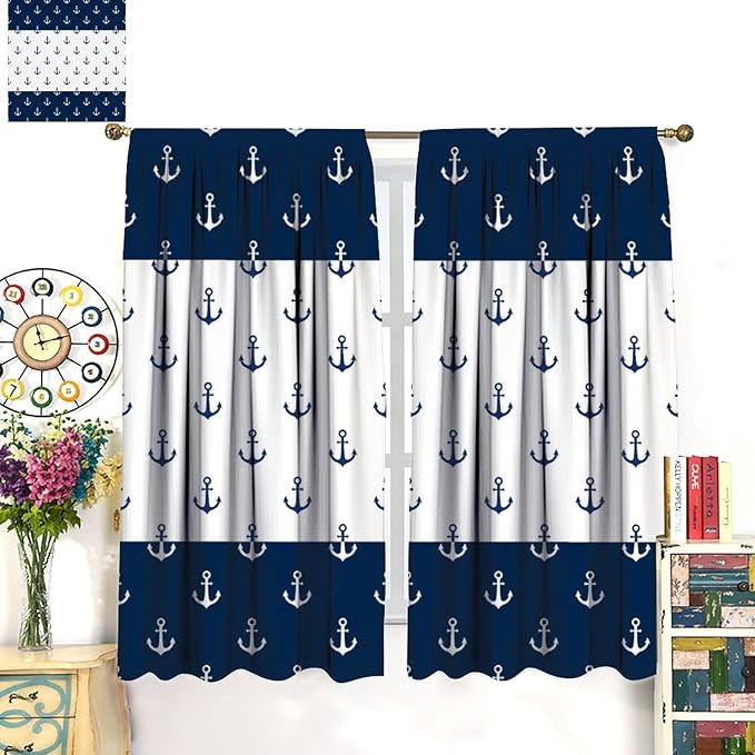 Anchor Pattern Curtains, Nautical Theme Navy Blue White Anchor Sea Life Adventure Print Blackout Window Treatments for Living Room Boys Men's Bedroom 84x84in