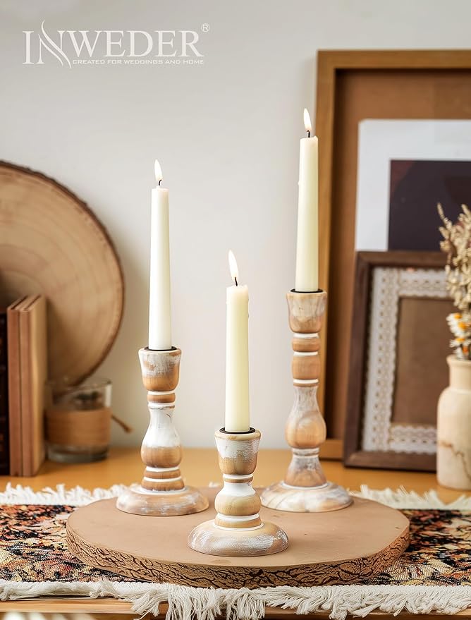 Wooden Candlestick Holders Rustic: Farmhouse Wood Taper Candle Holders Boho Candle Sticks Holder Fall Decor for Dinning Table Mantle Party Holiday Christmas Wedding Home Set of 3