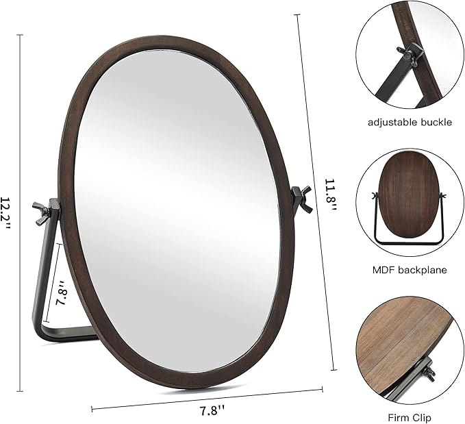 Vanity Table Makeup Mirror-Desk Small Standing Vintage Mirrors 360° Adjustable Rotation, Bronze Wood Framed for Dressing Table,Bedroom, Bathroom,Tabletop,Antique,Desktop 11.8'' x 7.8''