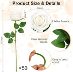 Ouddy Decor 50 Pcs Artificial White Roses Bulk Realistic Silk Roses with Long Stems Fake Roses Flowers for Wedding Bridal Bouquet DIY Table Centerpieces Arrangement Valentines Day Home Decor, White