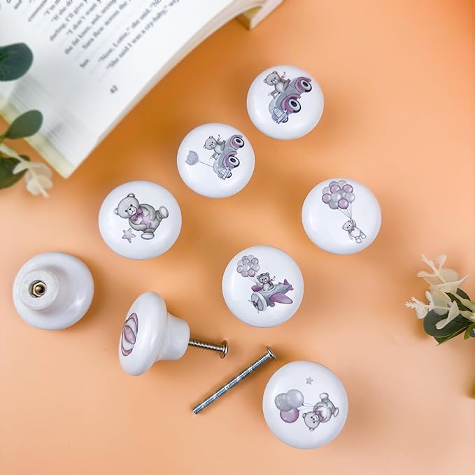 8Pack1.5 Ceramic Pink Bear Knob Cute Safari Animals Kids Nursery Furniture Cabinet Room Dresser Drawer Pulls and Knobs