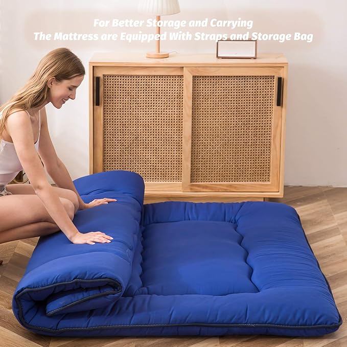 MAXYOYO Japanese Floor Mattress Futon Mattress, Thicken Sleeping Pad Foldable Roll Up Floor Futon for Adults Tatami Mat Dormitory Bed Lounger, Royal Blue, Full Size