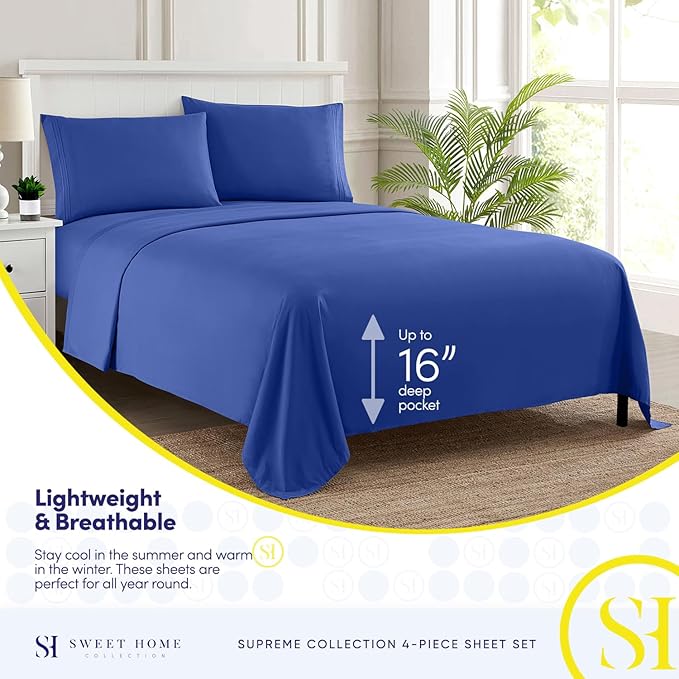RV Queen Bed Sheets - Breathable Luxury Sheets with Full Elastic & Secure Corner Straps Built In - 1800 Supreme Collection Extra Soft Deep Pocket Bedding Set, Sheet Set, RV Short Queen, Royal Blue
