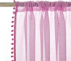 Treatmentex Pom-Pom Sheer Curtains for Bedroom 84 inches Linen Textured Look Pink Sheer Window Draperies for Girl's Room, 52" w x 2 Panels, Red, Rod Pocket