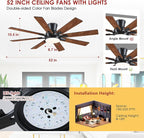 Ceiling Fans with Lights- 52" Low Profile Indoor Ceiling Fan with Light and Remote/APP Control, 8 Blade,Flush Mount, LED Dimmable DC Reversible Modern Ceiling Fan for Bedroom（Brown）