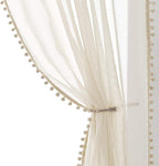 Treatmentex Sheer Linen-Look Curtains 95in Bedroom Decorative Pompom Trimmed Voile for Living Room Slub Textured Natural Window Curtain Panels 2pcs