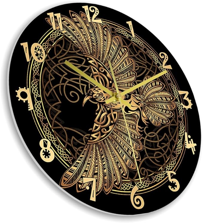 12 Inch Scandinavian Tattoo Odin's Celtic Raven Wall Clock, Norse Viking Man Cave Wall Clock Runic Symbols Crow Vintage Decorative Silent Non Ticking Battery Wall Watch Clock for Living Room
