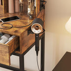 Makeup Vanity Desk with Round Mirror and Lights, Vanity Makeup Table with 2 Drawers, Small Vanity Table for Bedroom with Lots Storage (Brown with Charging, 15.75 * 31.5 * 53.6in)