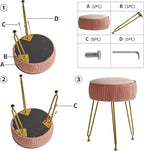 IBUYKE Velvet Round Footrest Ottoman, Makeup Vanity Stool Side Table, Velvet Dressing Table Seat, Pouf Couch Stool, Golden Steel Legs, Pink LG-30P