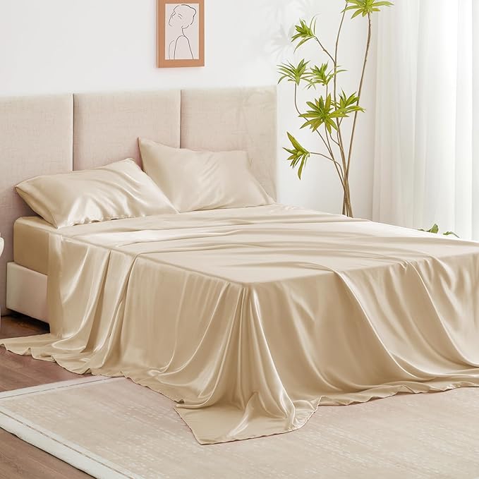 Love's cabin Satin Sheet Set, 3 Piece - Twin XL, Beige, Luxury Silky Soft Bed Linen with Deep Pockets