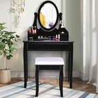 Giantex Vanity Set with Oval Mirror and Cushioned Stool, Makeup Dressing Table with 3 Drawers, Modern Bathroom Bedroom Makeup Organizer Vanity Table for Women Girls Gifts (Black)