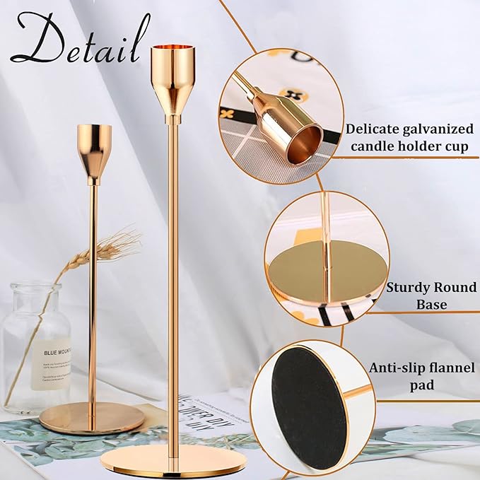 French Honey Gold Taper Candle Holders,Set of 6 Tall Taper Candlestick fit for 3/4" Thick Pillar Candle&Led Modern Metal Candle Stands Decorative Table Centerpieces for Dinning Party Church,Decorative