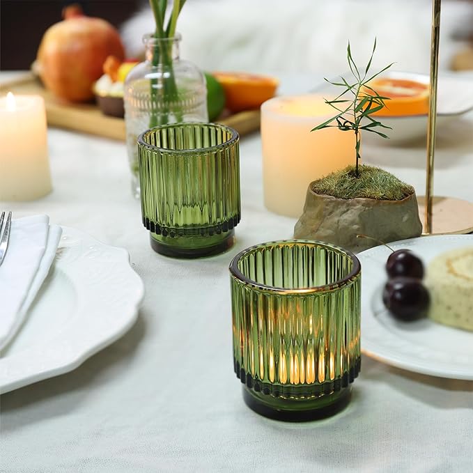 DEVI 8pcs Large Green Votive Candle Holders for Wedding Centerpieces, Glass Tea Lights Candle Holder Decor, Wedding Bridal Shower Party Table Decor, Vintage Boho Easter Decor for Table Centerpiece