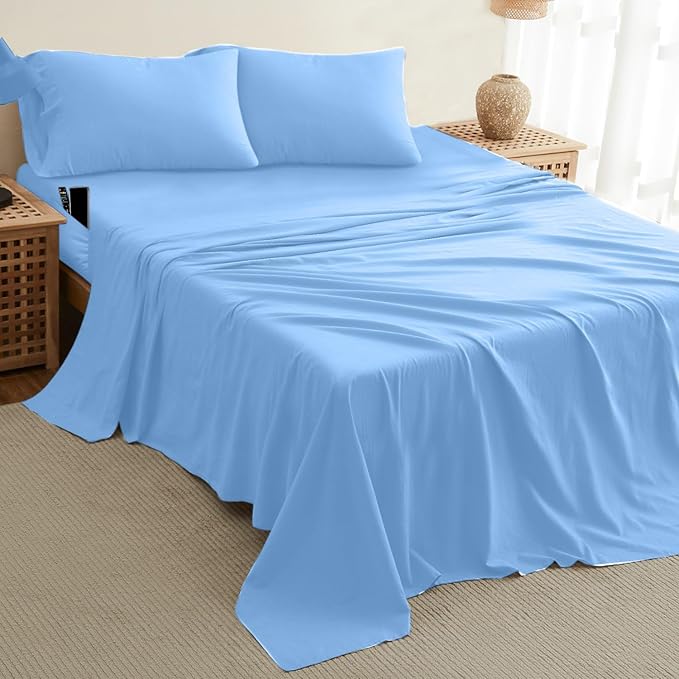 DREAMCARE Queen Size Sheets - Cooling Bed Sheets - 4pcs Set - up to 15" Deep Pocket Queen Sheet Set - Sheets Queen Size Bed - Soft & Long Lasting 100% Fine Brushed Polyester with Side Pocket - Lblue