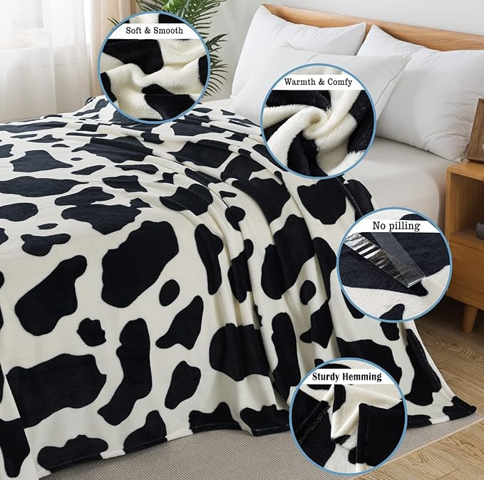 Flannel Fleece Cow Print Blanket Queen Size - Premium Anti-Static Super Soft Cozy Plush, Lightweight Microfiber Winter Warm Throw Blanket for Couch Sofa Bed 90" x 90"(Black Cow Queen)