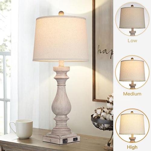 27.5" Farmhouse Table Lamp for Living Room Set of 2,Vintage Bedside Lamps with USB C+A Ports & AC Outlet,3-Way Dimmable Touch Control Gray Washed Finish Nightstand for Bedroom, Gray