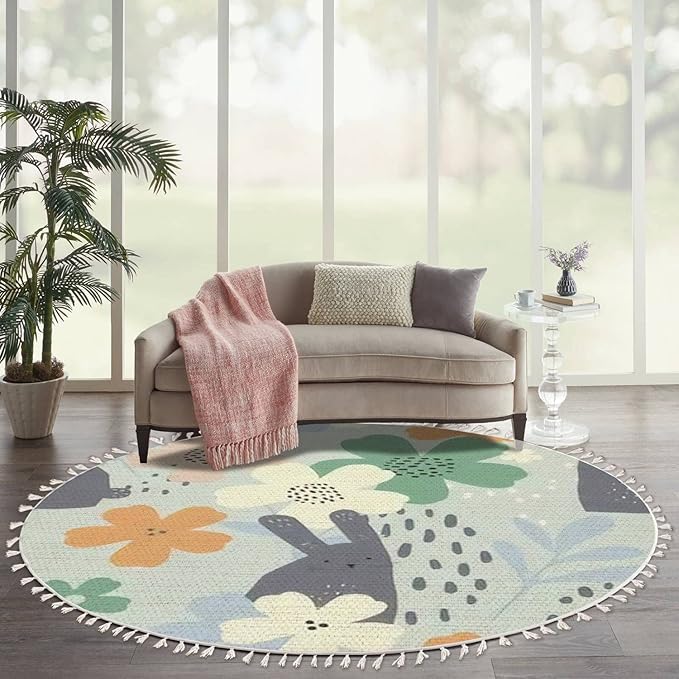 Round Rugs Floral Cute White Bunnies Hand Drawn Boho Area Rug Linen and Cotton Carpet Meditation Rug Washable Hallway Runner Mat Accent Rug for Bedroom Bathroom 6ft