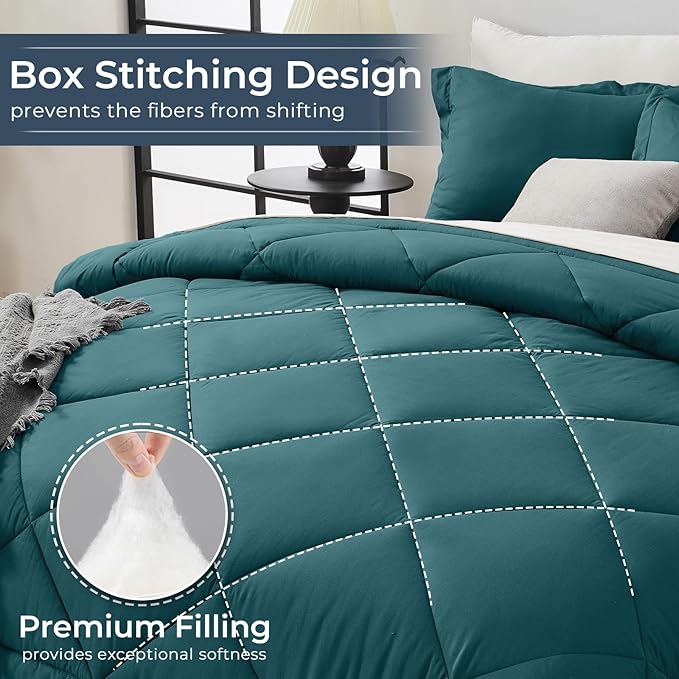 HEVUMYI Full Comforter Set - 7-Piece All Season Bed in a Bag Full, Ultra Soft Bedding Set with Comforter, Flat Sheet, Fitted Sheet, Pillowcases, Pillow Shams, Peacock Blue & Ivory