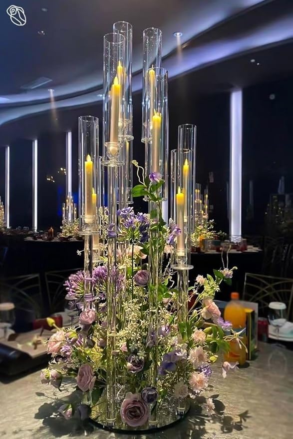 VINCIGANT 4PCS 8 Arms Clear Candelabra Candle Holder for Wedding Decorations,38.5 inches Tall Arcylic Candlesticks Holder with Shade for Table Dinner Party Fireplace Decoration