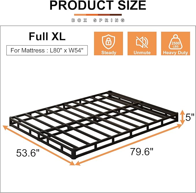 EMODA 5 Inch Full XL Box Spring, 3000 LBS Heavy Duty Metal XL Full Mattress Foundation with Fabric Cover, Easy Assembly, Black