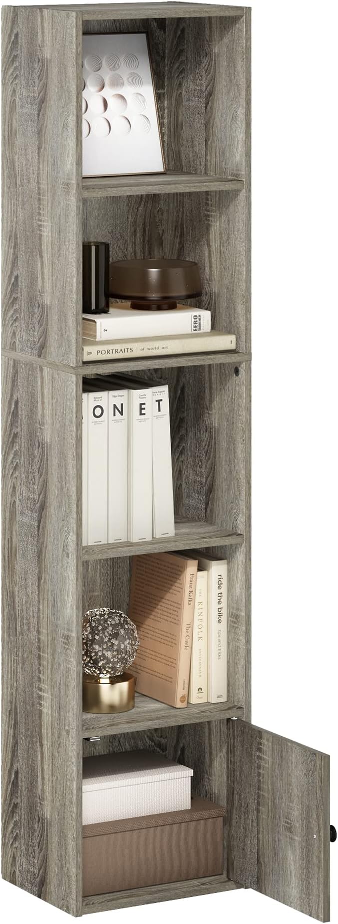 Furinno LUDER Book Shelf, 5-Tier Modern Bookshelf, Bookcase with 1 Door Storage Cabinet, 9.3" x 12" x 52", for Living Room, Bedroom, Home Office, French Oak