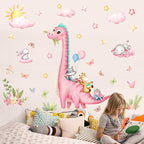 Pink Dinosaur Wall Decals for Girls Room, Sunoyar Dinosaur Wall Stickers Removable, Self-Adhesive DIY Peel & Stick Dino Wall Decal for Girls Baby Nursery Bedroom Living Room