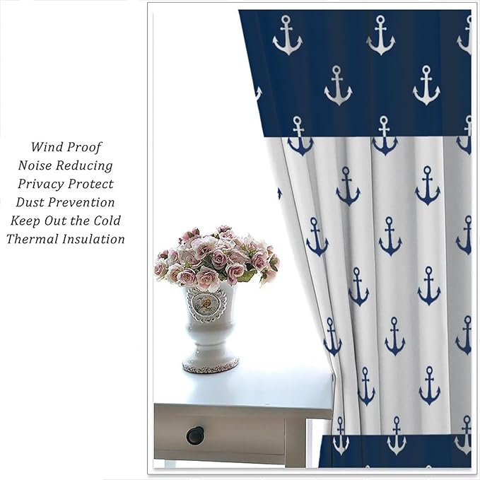 Anchor Pattern Curtains, Nautical Theme Navy Blue White Anchor Sea Life Adventure Print Blackout Window Treatments for Living Room Boys Men's Bedroom 84x84in