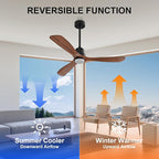 Obabala 52 Inch Ceiling Fans with Lights and Remote Control-Outdoor Ceiling Fan with Light 3 Walnut Wood Blade for Bedroom Living Room Indoor Farmhouse Patio, Reversible Noiseless DC Motor