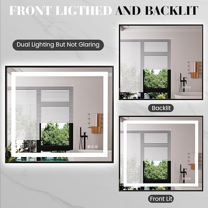 LED Bathroom Mirror,32"x36" Mirror with Black Frame, Front Light and Backlit, Stepless Dimmable, Anti-Fog, Shatter-Proof, Memory, 3 Colors, Double LED Vanity Mirror