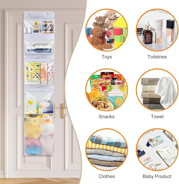 Hanging Toy Storage over Door, Block Stuffed Animal Organizer Idea with 4 Removable Case Bag, Bi-Fold Closet Holder with Mesh Pocket for Kid Boy Girl