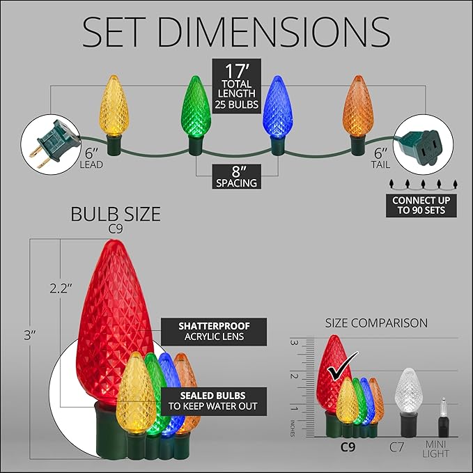 Wintergreen Lighting 25 C9 Multicolor LED Christmas Lights, 17 Ft – Outdoor C9 Christmas Lights for Holiday, Party, and Yard Decor