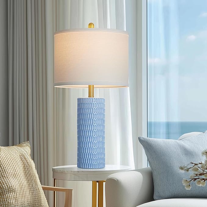 27" Blue Ceramic Lamps Set of 2, Coastal Ceramic Table Lamps for Living Room with Rotary Switch, Classic Bedside Lamp for Nightstand, Tall Lamps for Bedroom Side End Table Home Decor