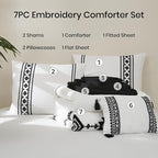 MaiRêve Embroidery Boho Comforter Sets Full Size - 7 Piece, Farmhouse Western White Black Comforter Set, All Season Bed in A Bag Full Size with Sheets, Pillowcases & Shams