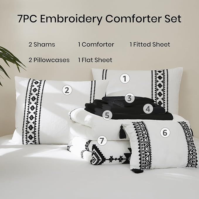 MaiRêve Embroidery Comforter Set King Size 7 Pieces, Boho Farmhouse Western Bedding All Season Bed in A Bag, White Black King Comforter Set with Sheets, Pillowcases & Shams