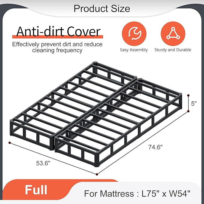 5 Inch Full Size Box Spring, Split Heavy Duty Metal Mattress Foundation with Fabric Cover, Easy Assembly, Quiet & Noise-Free